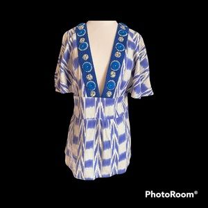 Soft Surroundings Shirt Med Blue/Purple & Cream Tribal Print Low Cut Linen